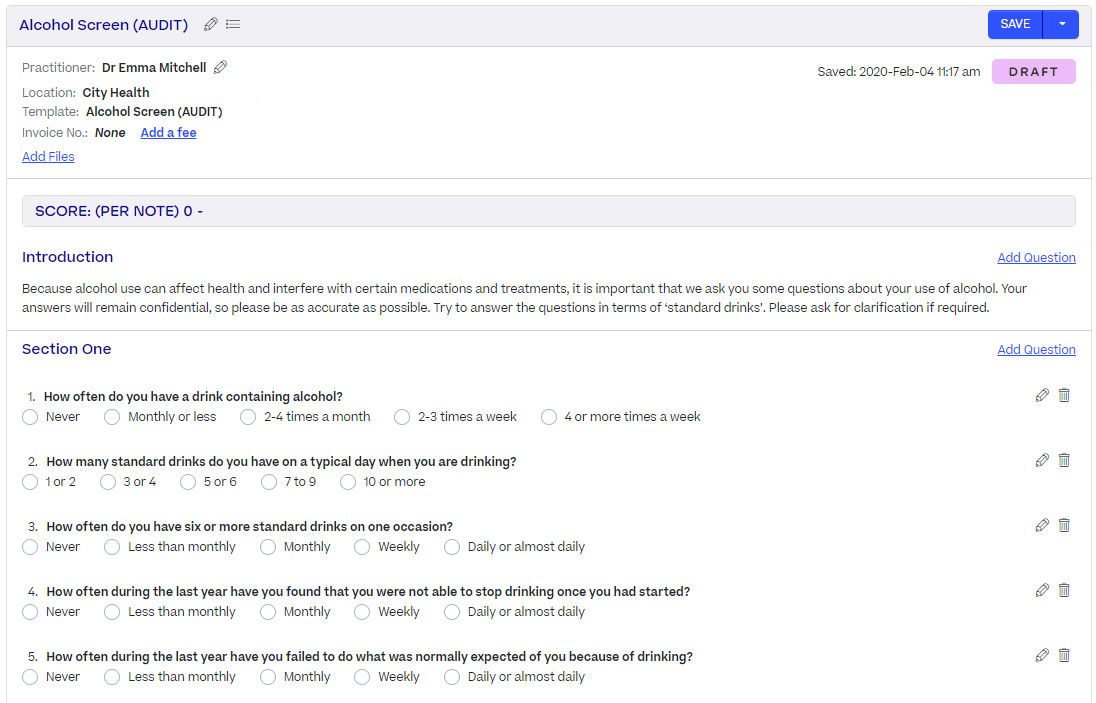 A sample clinical tool template, with radio options to select as answers to questions