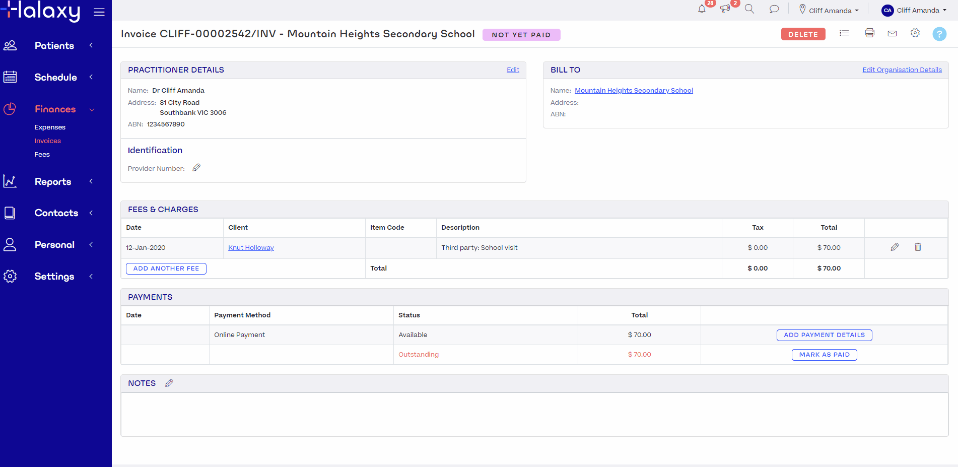 On an invoice, the user hovers over the patient name to reveal options to edit a referral