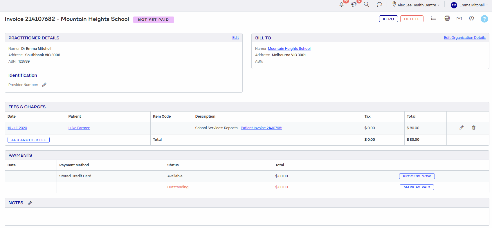 The user clicks the Delete icon for a fee and selects to revert the fee back to the patient