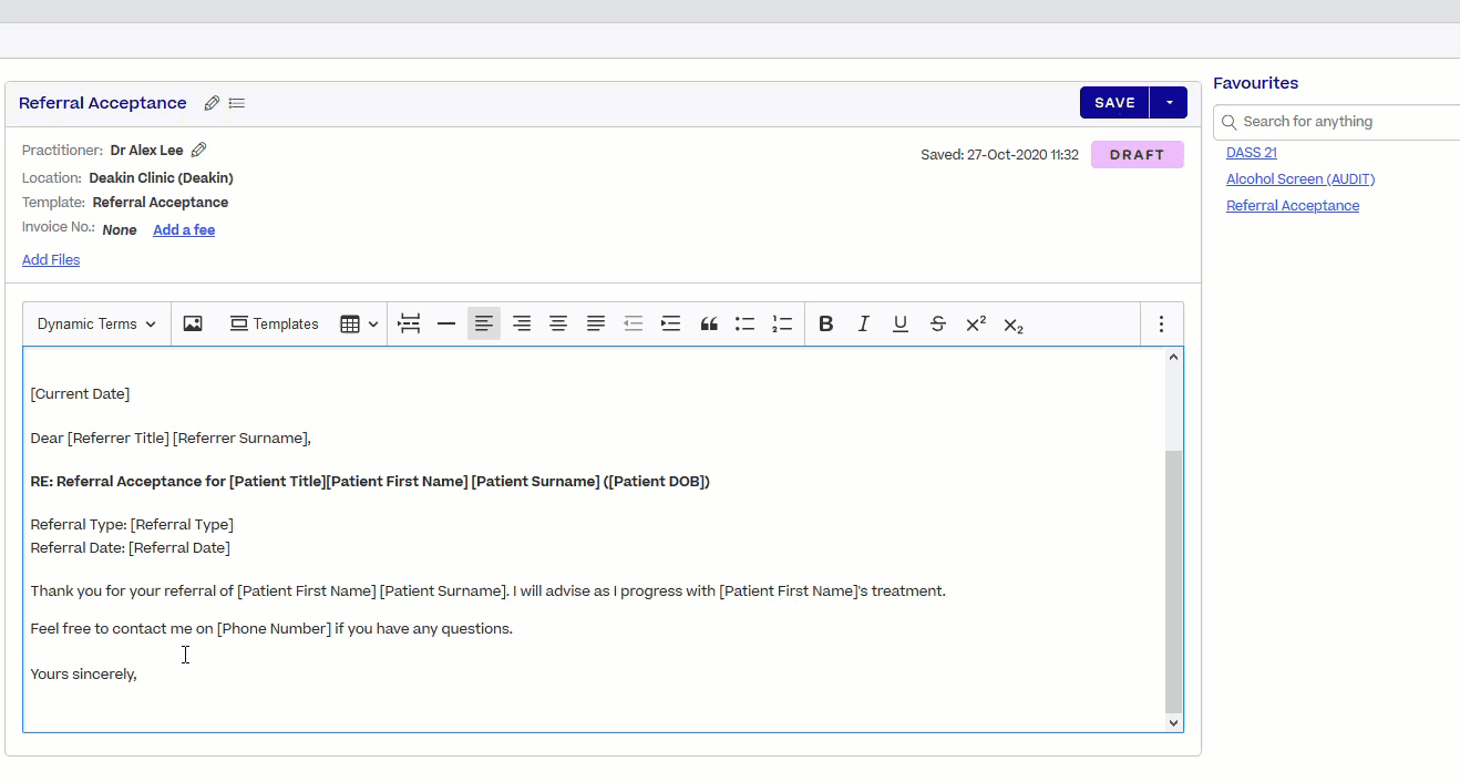 The user publishes a clinical note. All the dynamic terms convert to real data.
